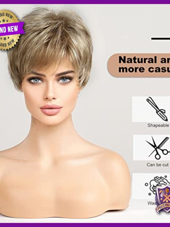 Short Pixie Cut Wig with Bangs, Human Hair Like Texture, Adjustable Fit